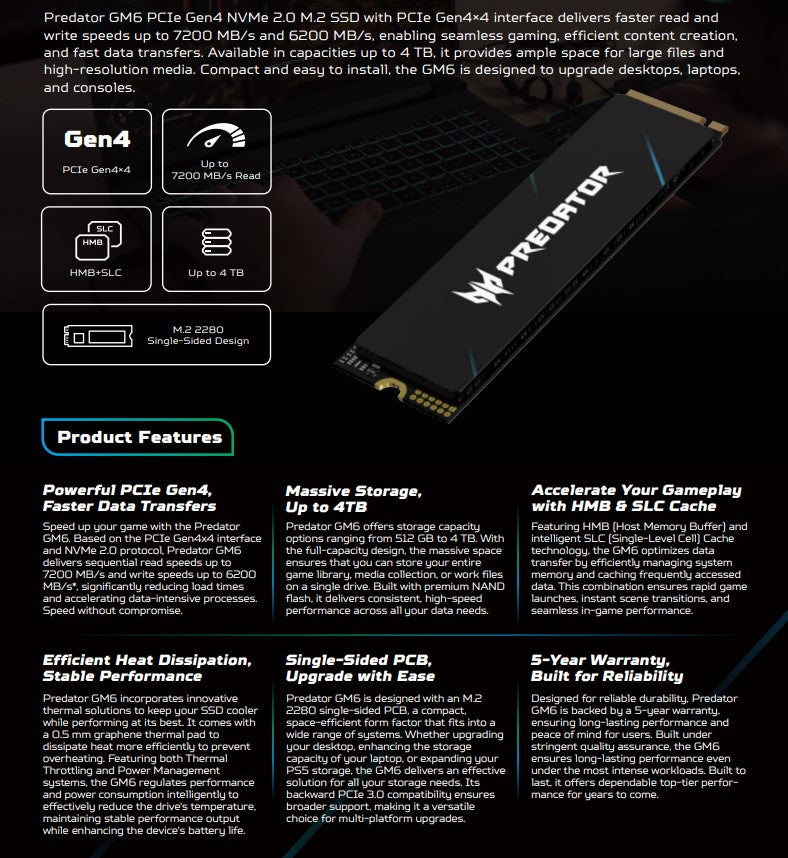 SSD Predator GM6/GM7 PCIe 4x4 M.2 512GB 1TB รับประกัน 5 ปี