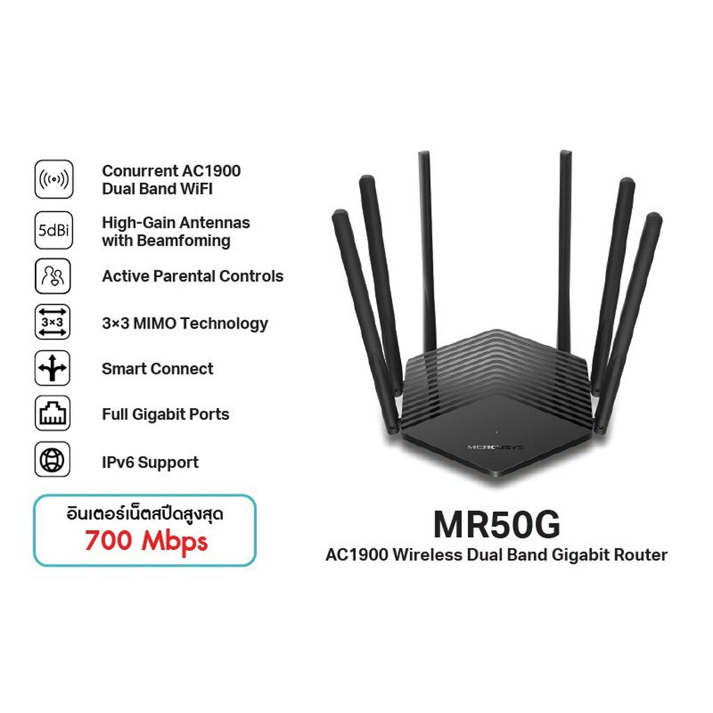 MERCUSYS MR50G AC1900 WIRELESS DUAL BAND 6 เสาสัญญาณประสิทธิภาพสูง ประกัน 1ปี