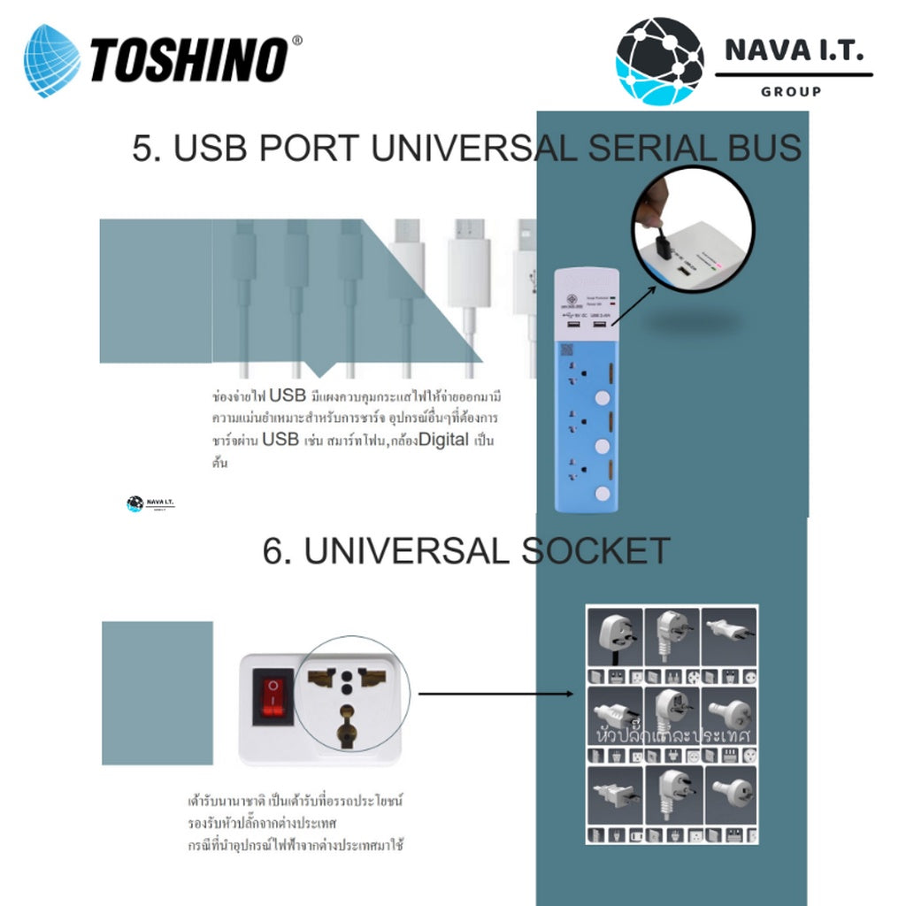 🛵มีส่งด่วน💨TOSHINO ET-915 USB ปลั๊กไฟ ปลั๊กพ่วง 5 ช่องสายไฟยาว 3เมตร WARRANTY 3 YEAR