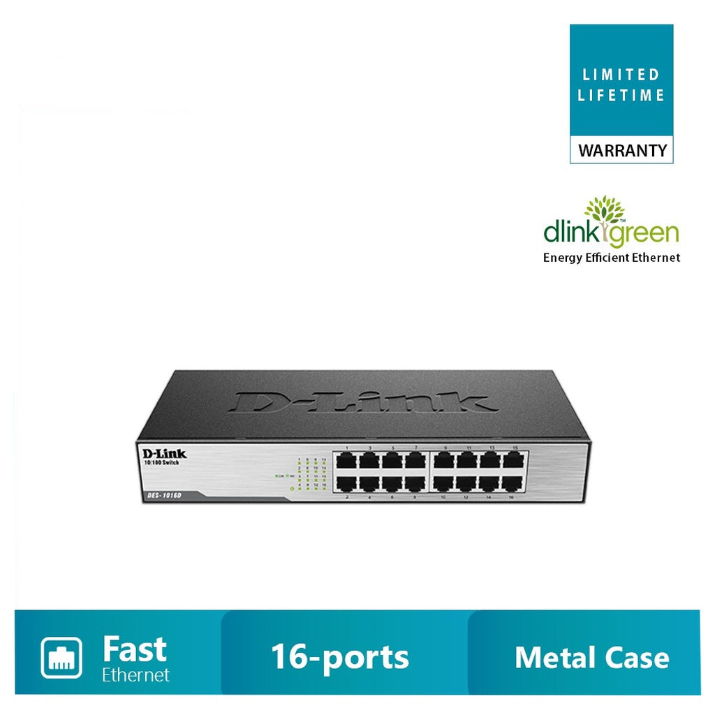 D-LINK DES-1016D 16-PORT 10/100MBPS UNMANAGED SWITCH METALIC RACKMOUNTABLE