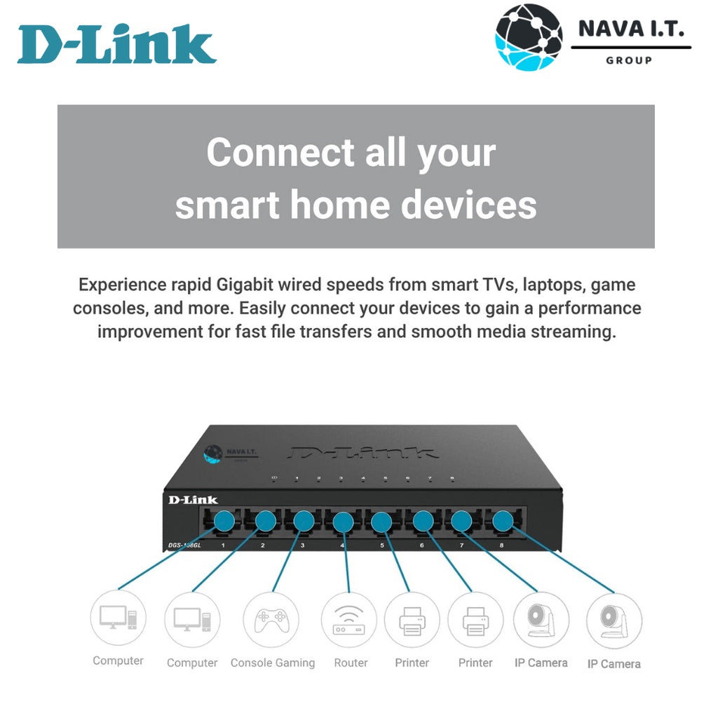 D-LINK DGS-108GL 8 PORT GIGABIT METAL UNMANAGED DESKTOP SWITCH ประกันตลอดการใช้งาน
