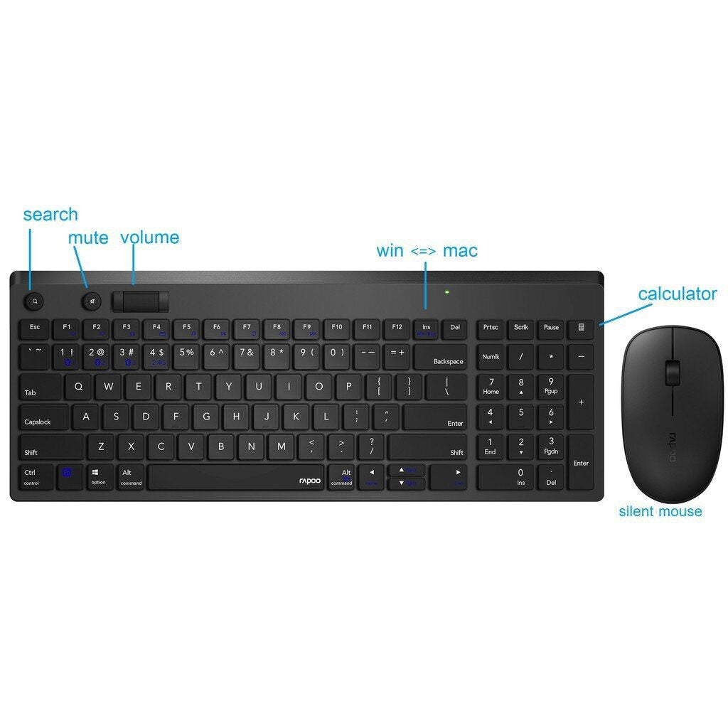 Rapoo 8050T Multi-mode Wireless Keyboard & Mouse - Black (คีย์บอร์ด & เม้าส์) (KB-8050T-BK)
