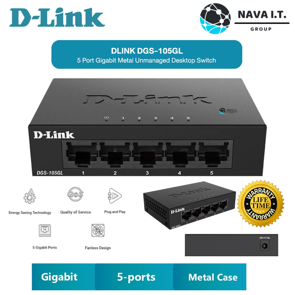 D-LINK DGS-105GL 5 PORT GIGABIT METAL UNMANAGED DESKTOP SWITCH ประกันตลอดการใช้งาน