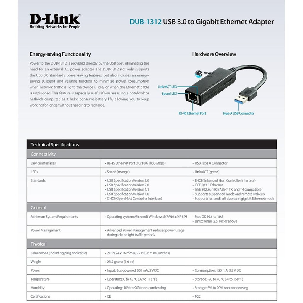 D-LINK DUB-1312 USB 3.0 TO GIGABIT ETHERNET ADAPTER (อุปกรณ์แปลงสัญญาณ) ประกัน 1ปี