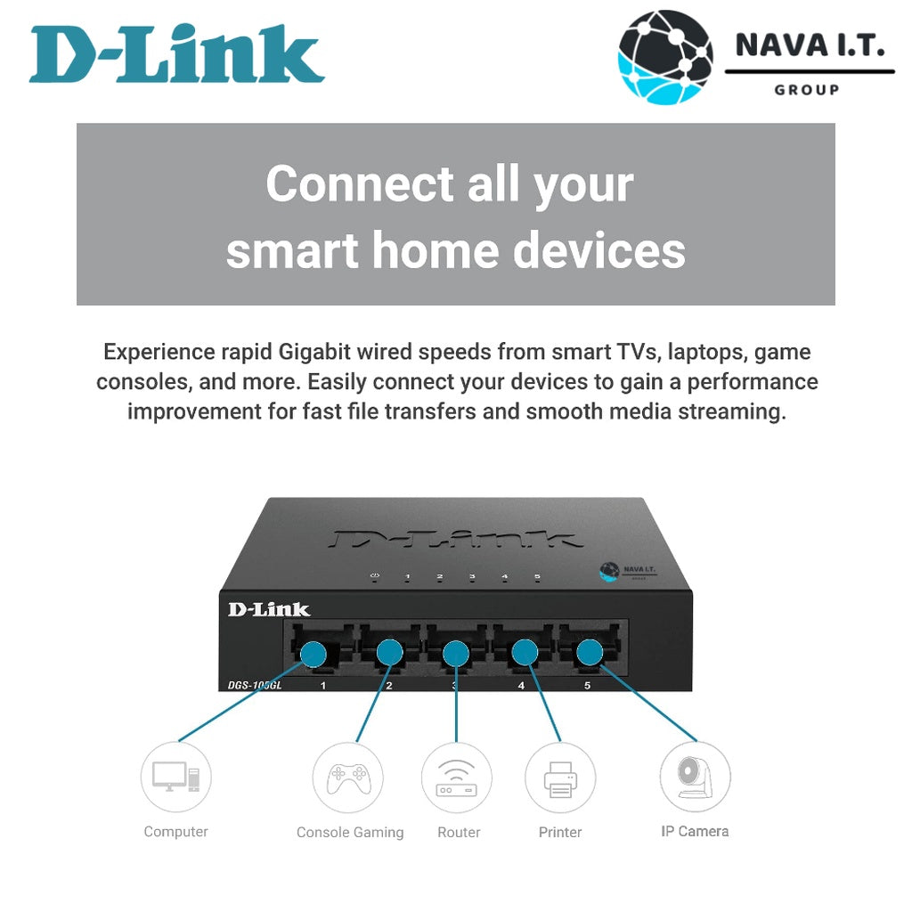 D-LINK DGS-105GL 5 PORT GIGABIT METAL UNMANAGED DESKTOP SWITCH ประกันตลอดการใช้งาน