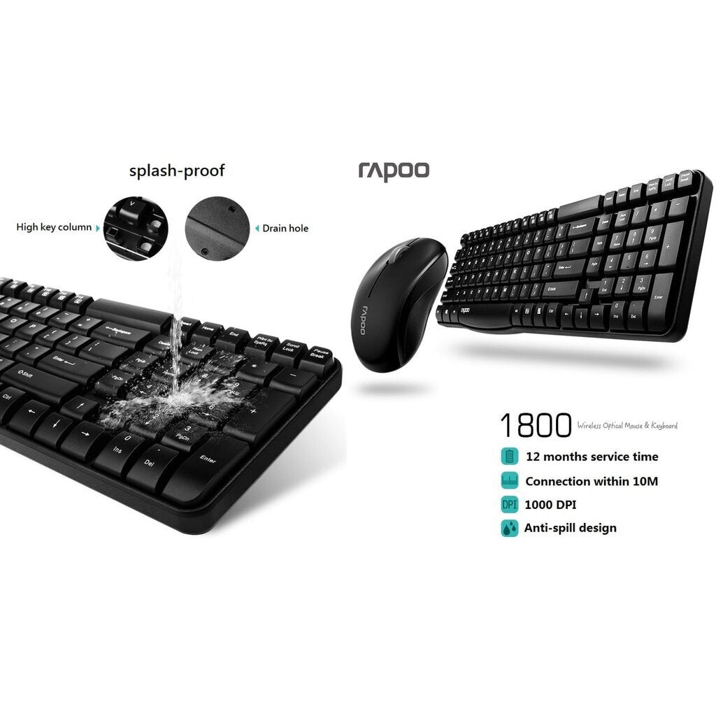 Rapoo X1800S (KB-X1800S-BK) Waterproof Multimedia Wireless Keyboard Mouse Combos Optical 2.4G