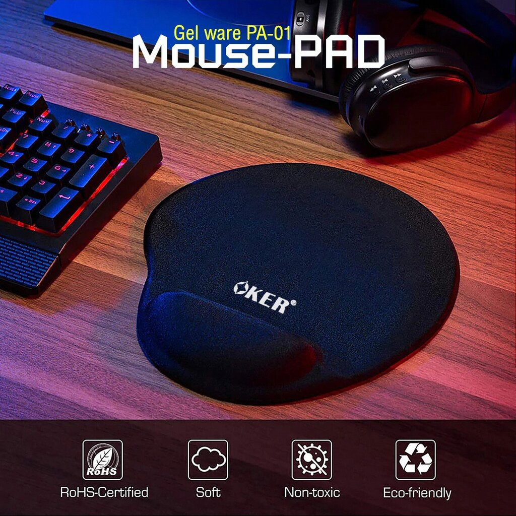 OKER PA-01 BLACK GEL WARE MOUSE-PAD แผ่นรองเมาส์ มีที่รองข้อมือ