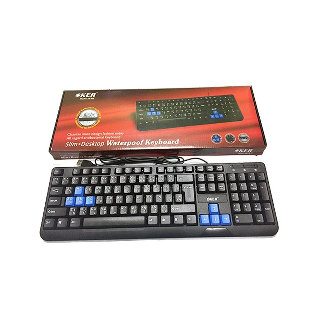 OKER KB-318 BLACK/ BLUE SLIM+DESKTOP KEYBOARD USB WATERPOOF KEYBOARD