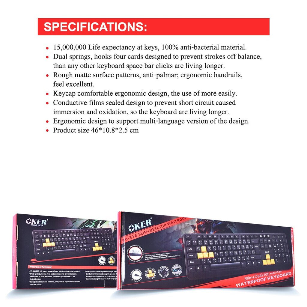 OKER KB-318 BLACK/YELLOW SLIM+DESKTOP KEYBOARD USB WATERPOOF ประกัน1ปี
