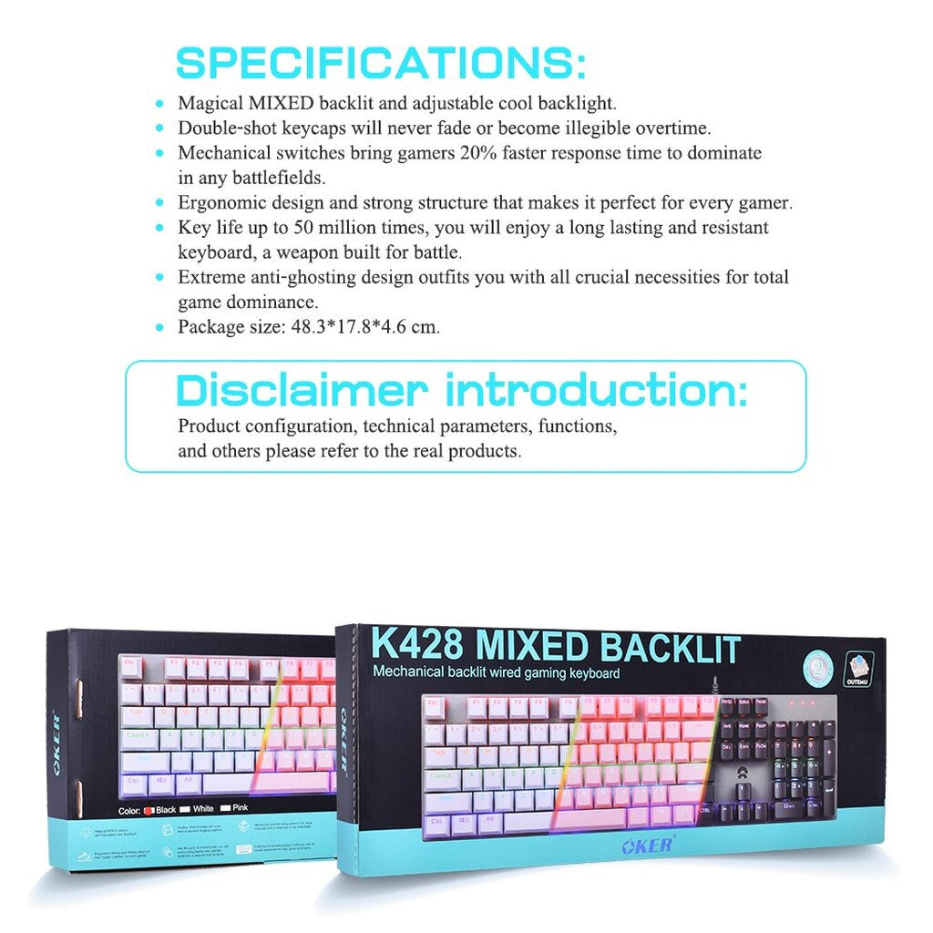 OKER K428 PINK KEYBOARD GAMING MECHANICAL BACKLIT BLUESWITCH