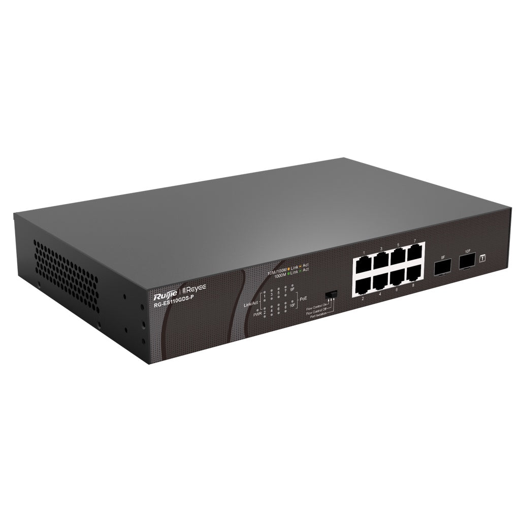 RUIJIE RG-ES110GDS-P 8-Port Gigabit Unmanaged PoE/PoE+ Switch with 2 SFP Uplink Slots