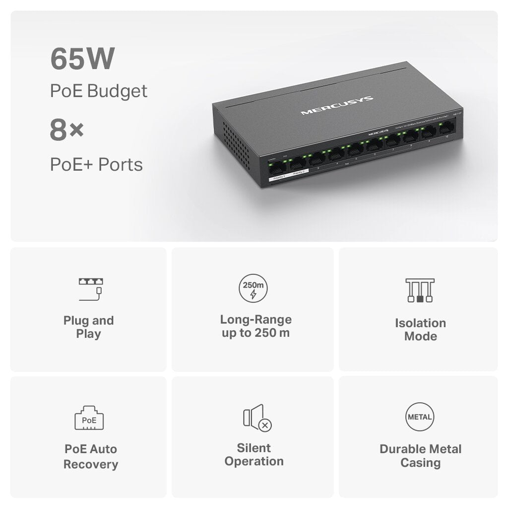 MERCUSYS MS110P 10-PORT 10/100MBPS DESKTOP SWITCH WITH 8-PORT POE+ รับประกัน 3ปี