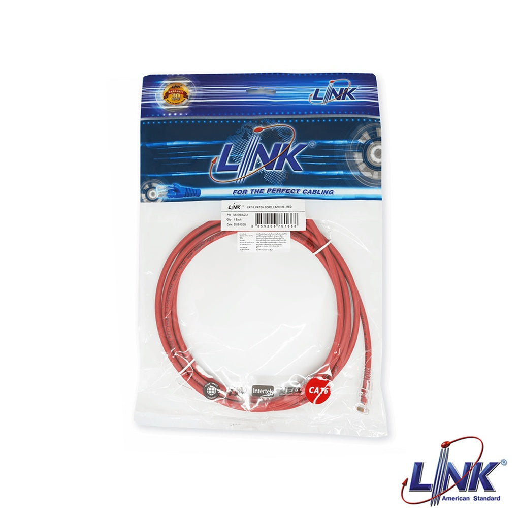 LINK US-5103LZ-2 LSZH RJ45 Patch Cord Cat6 UTP Length 3M. RED