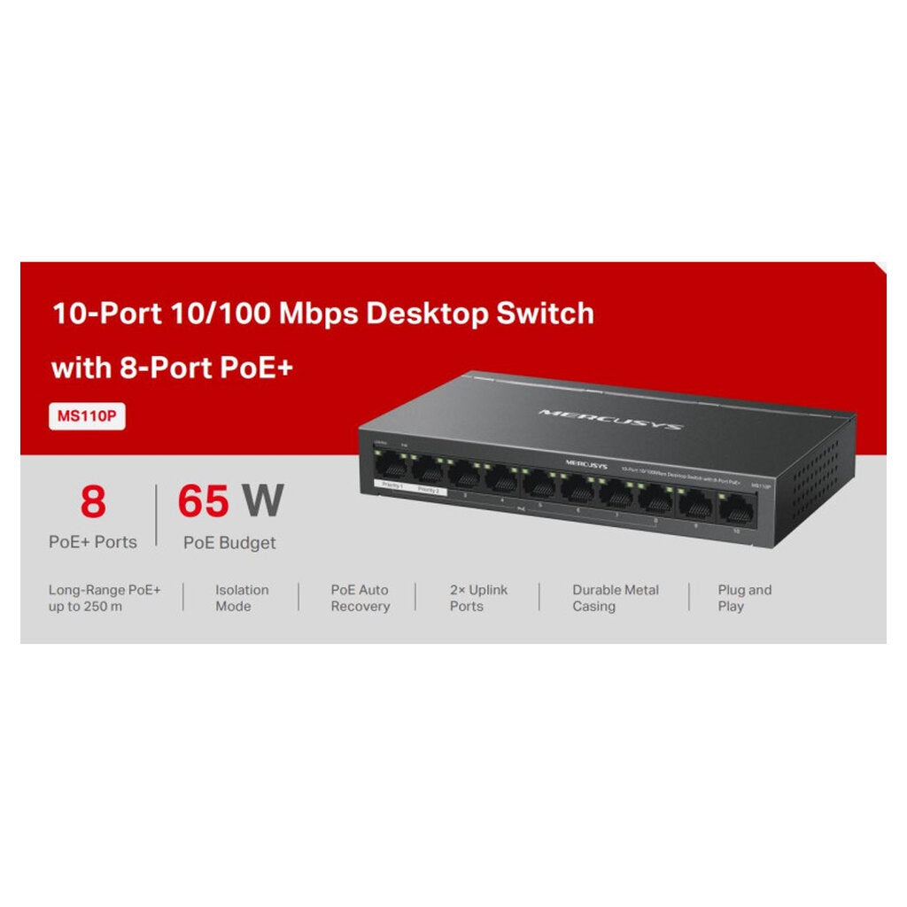 MERCUSYS MS110P 10-PORT 10/100MBPS DESKTOP SWITCH WITH 8-PORT POE+ รับประกัน 3ปี