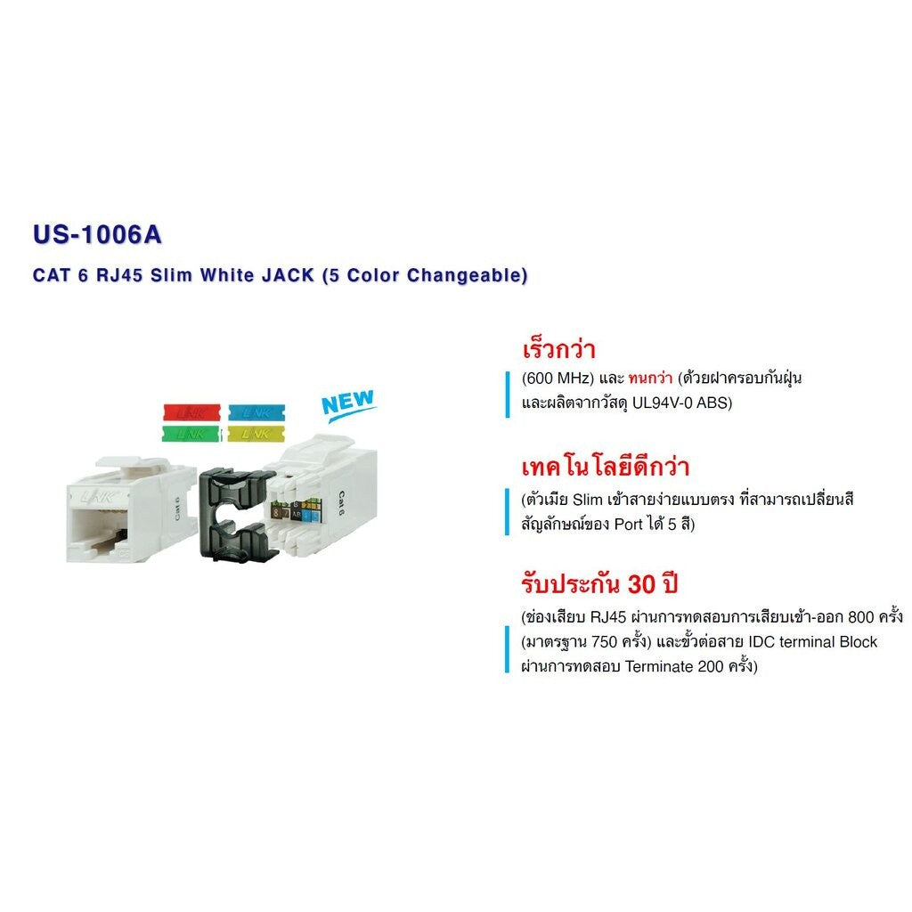 LINK US-1006A CAT 6 RJ45 CAT6 RJ45 SIIM WHITE JACK COLOR CHAHGEABLE ตัวเมีย