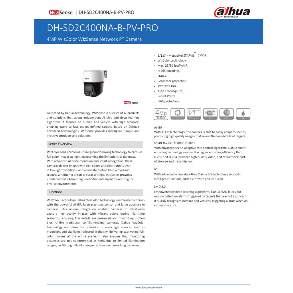 DAHUA SD2C400NA-B-PV-PRO กล้องวงจรปิด WizColor Wizsense PT IPC 4MP PoE