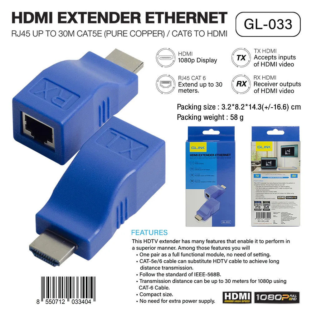 อุปกรณ์ขยายสัญญาณ HDMI ผ่านสายแลน CAT5E/6L-033 Glink GL-033 ประกัน 1 ปี