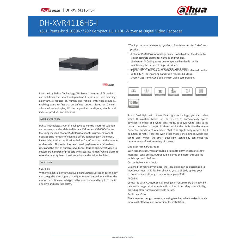 DAHUA XVR4116HS-I เครื่องบันทึก 16CH WizSense Digital Video Recorder ประกัน 3 ปี