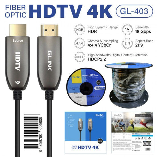 Glink Cable HDMI Optical Fiber V2.0 รองรับ 4K 60Hz.รุ่น GL-403 10 M ประกัน 1 ปี