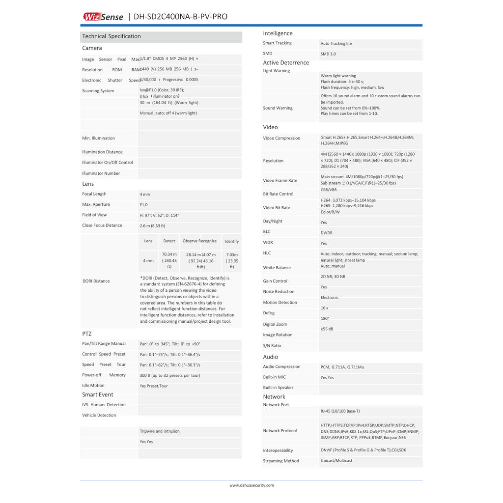 DAHUA SD2C400NA-B-PV-PRO กล้องวงจรปิด WizColor Wizsense PT IPC 4MP PoE