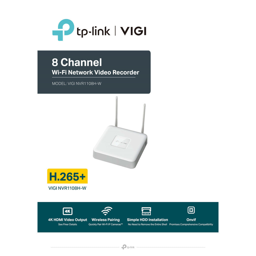 TP-LINK VIGI NVR1108H-W 8 Channel WiFi NVR เครื่องบันทึกวิดีโอเครือข่ายไร้สาย / แบบมีสายความปลอดภัยกล้องวงจรปิด