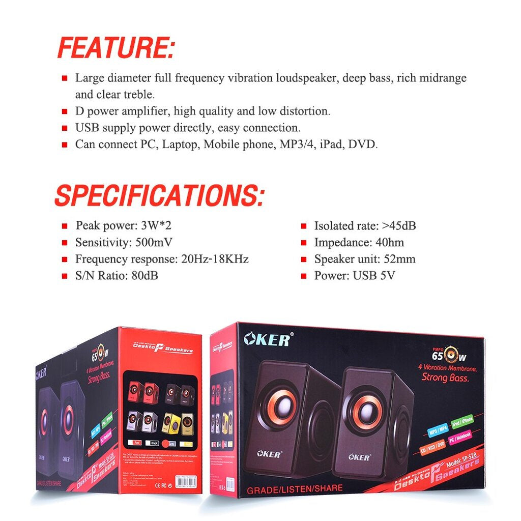 OKER SP-528 BLACK ลำโพงมินิตั้งโต๊ะ 2.0USB MULTIMEDIA DESKTOP SPEAKERS รับประกัน 1ปี