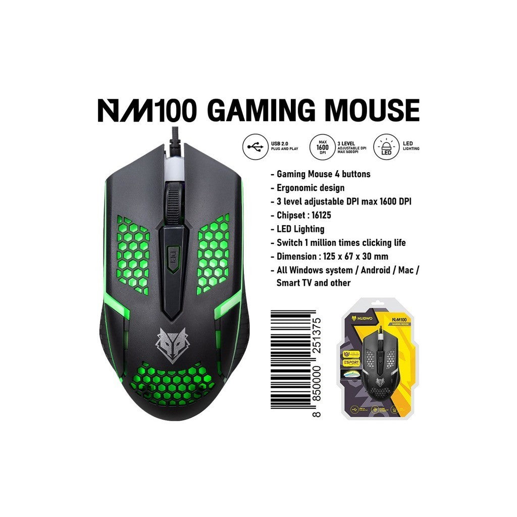 NUBWO NM100 WIRED GAMING OPTICAL MOUSE เมาส์เกมมิ่ง มีไฟ LED 1600 DPI