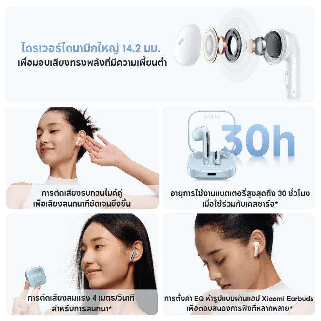 XIAOMI REDMI BUDS 6 ACTIVE หูฟังบลูทูธไร้สาย ลดเสียงรบกวนการโทร แบตเตอรี่สูงสุดถึง 30 ชั่วโมง
