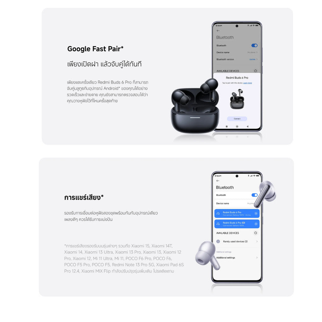 XIAOMI REDMI BUDS 6 PRO หูฟังบลูทูธ ไมโครโฟน 3 ตัว AI ตัดเสียงรบกวน เทคโนโลยี LDAC การเชื่อมต่อสองอุปกรณ์