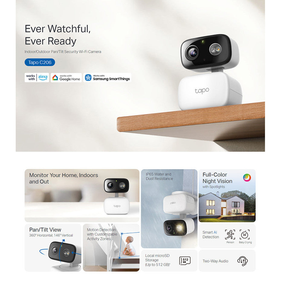 TP-Link Tapo C206 2MP กล้อง Wi-Fi รักษาความปลอดภัยภายในบ้านในร่ม/กลางแจ้ง ตรวจจับเด็กที่กำลังร้องไห้