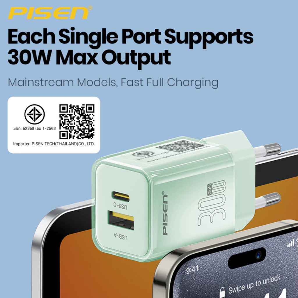 PISEN TP-C52 (GREEN) Type C และ USB A Fast Charger GaN30W Fast Charger Dual Ports รับประกัน 1 ปี