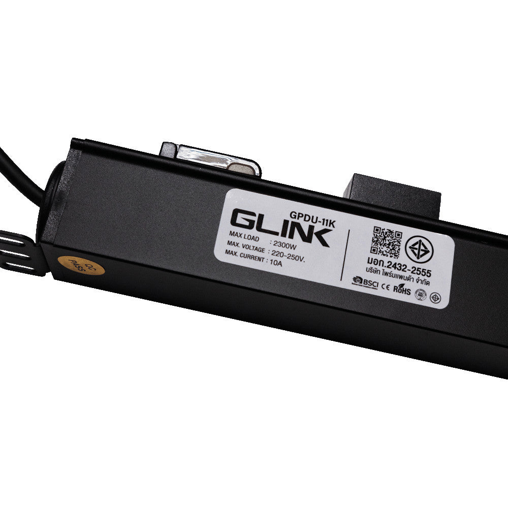 GLINK GPDU-11K BLACK 2M รางปลั๊กไฟตู้ Rack 10 ช่อง ยาว 2 เมตร 1 สวิตช์ สีดำ Overload มอก.แท้