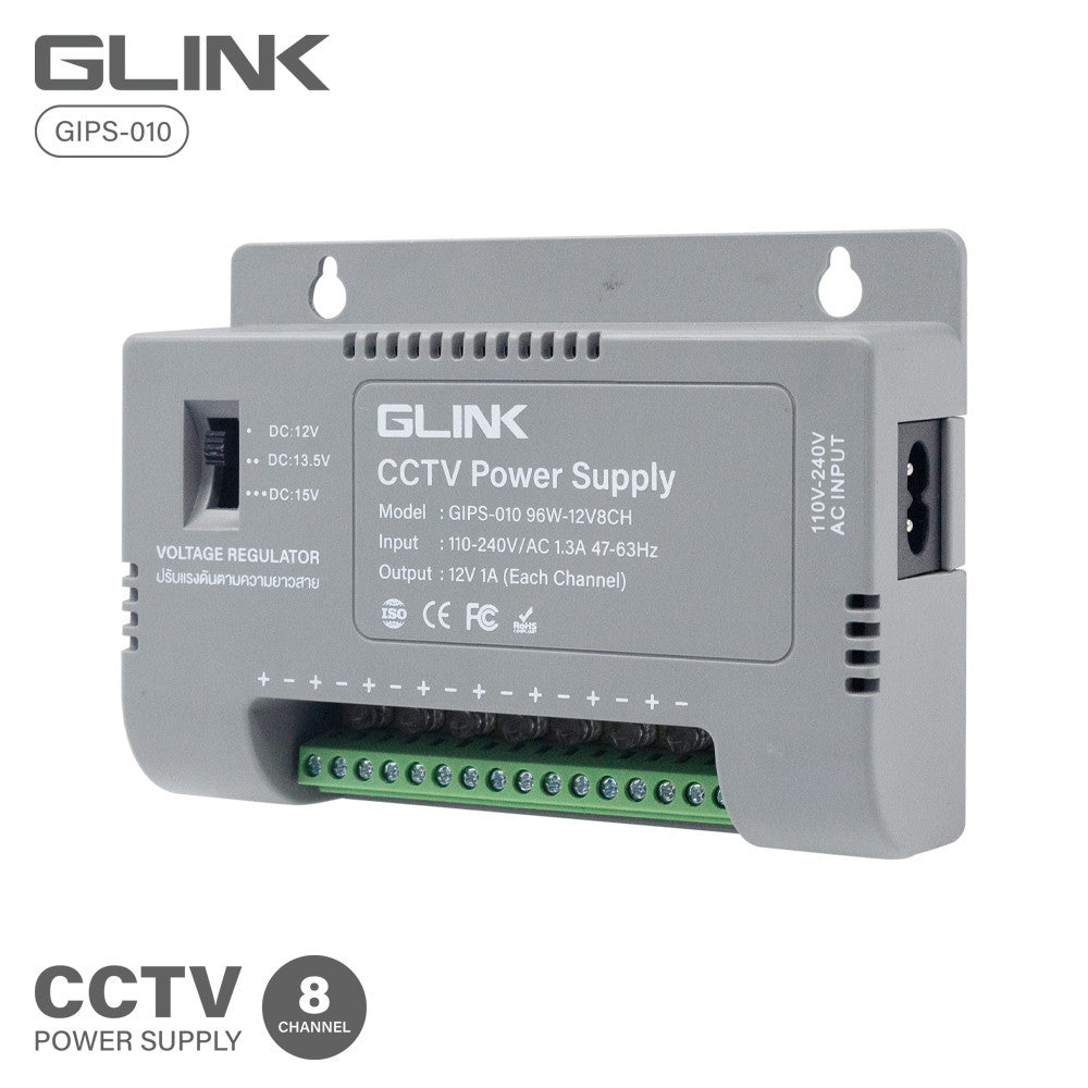 GLINK GIPS-010 CCTV POWER SUPPLY 96W 12V 8CH ป้องกันไฟกระชาก กระแสไฟเกิน ลัดวงจร