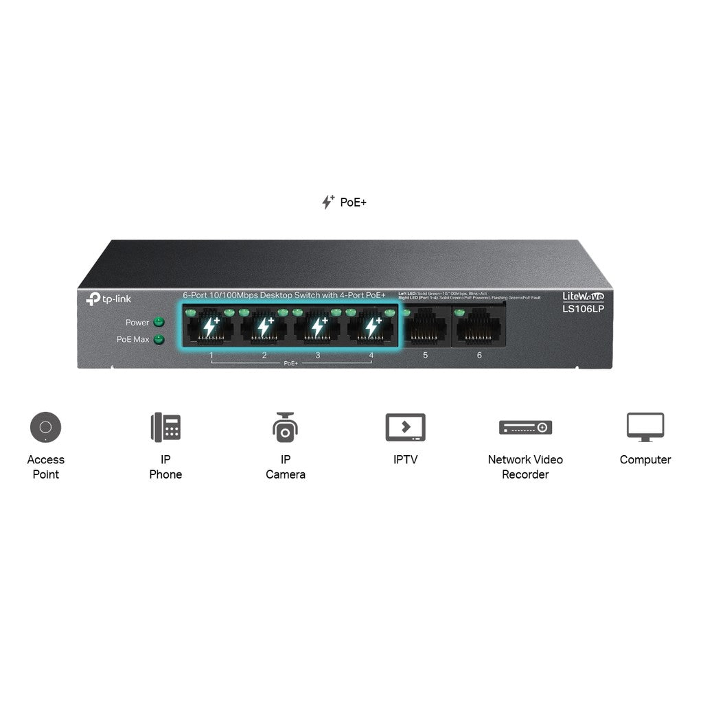 TP-Link LS106LP PoE+ 4-Port 6-Port 10/100Mbps Desktop Switch