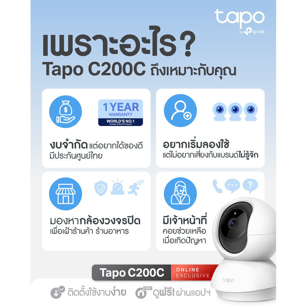 TP-LINK TAPO C200C 2MP TP-LINK WI-FI CAMERA กล้องวงจรปิดภายใน ระบบ Night Vision
