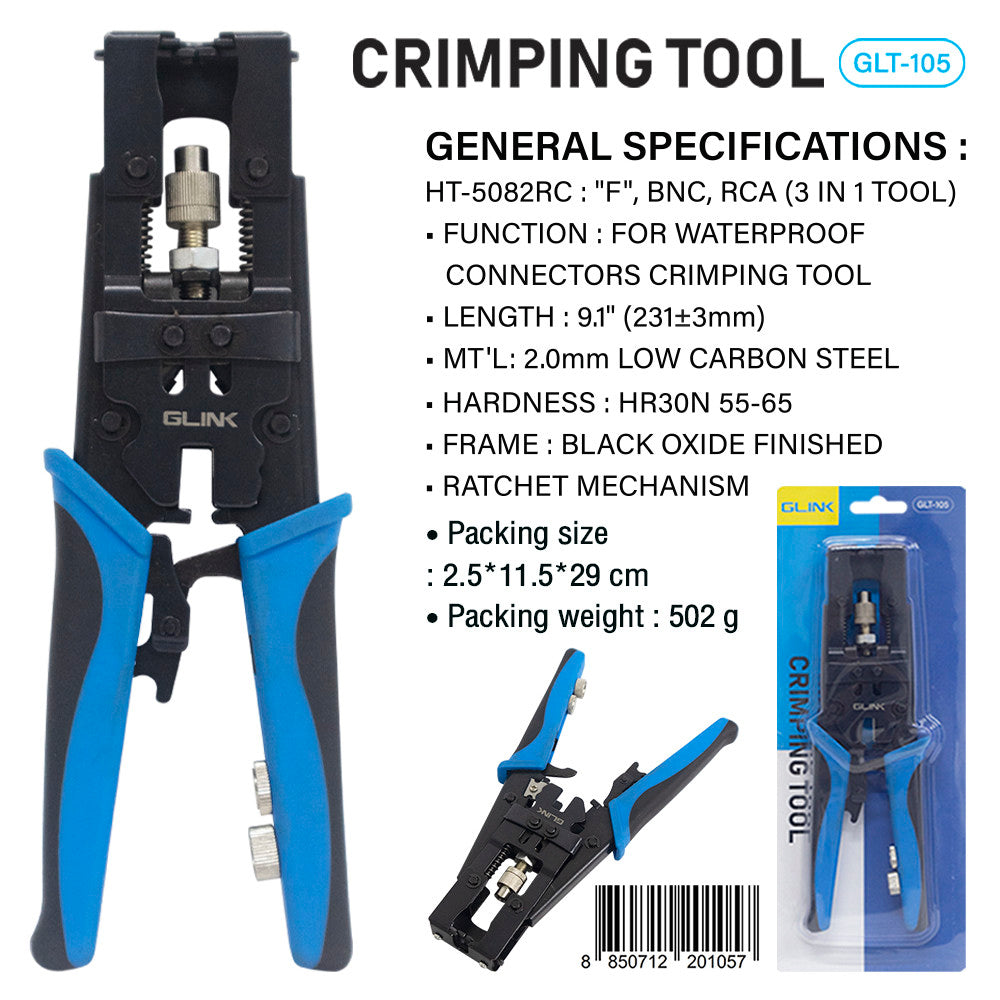 GLINK GLT-105 คีมอัดหัว F-TYPE/BNC/RCA แบบบีบ CRIMPING TOOL 3 IN 1 RG58,RG59,RG6 (F-TYPE,BNC,RCA)