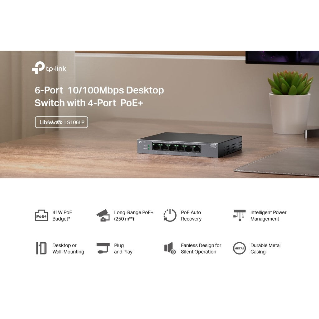 TP-Link LS106LP PoE+ 4-Port 6-Port 10/100Mbps Desktop Switch