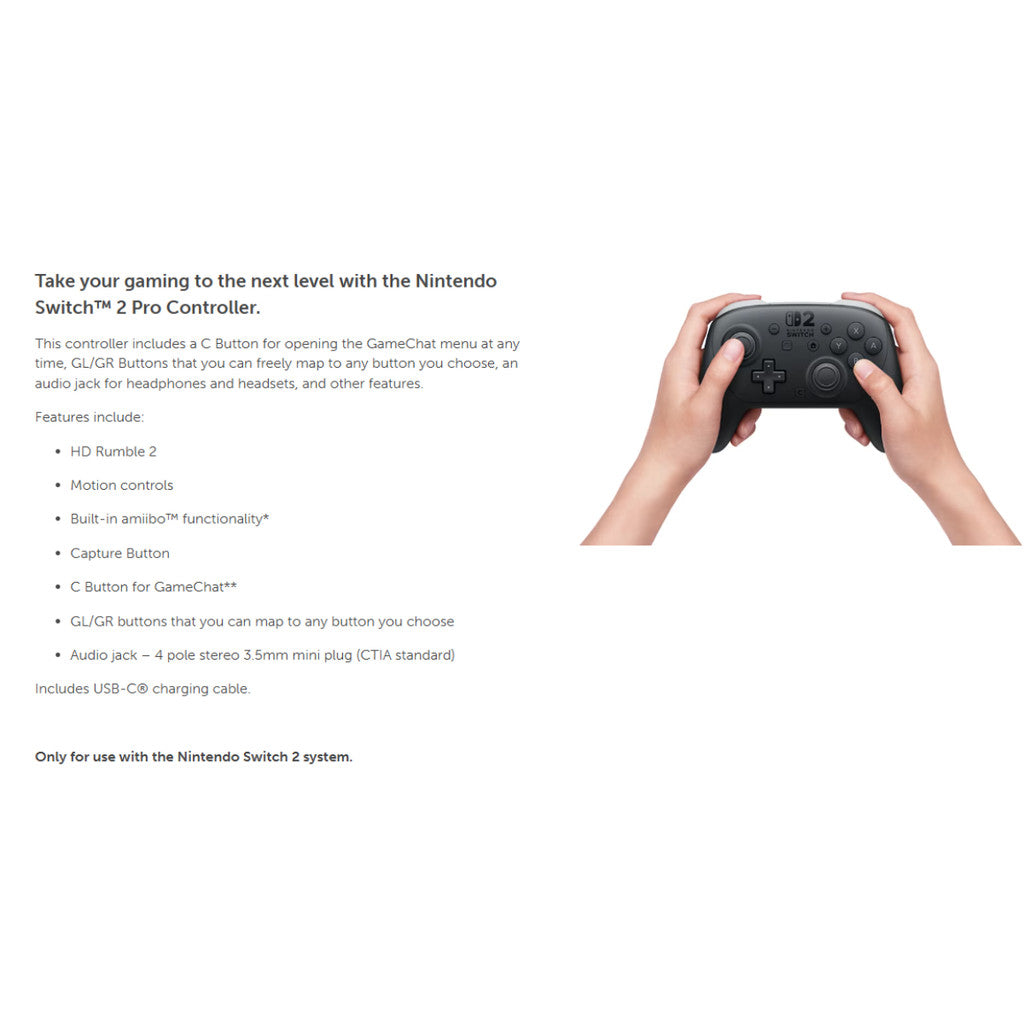 Nintendo Switch 2 Pro Controller จอยคอนโทรลเลอร์ มีปุ่ม GL/GR (ปุ่มหลังที่ตั้งค่าได้) รับประกัน 1 ปี