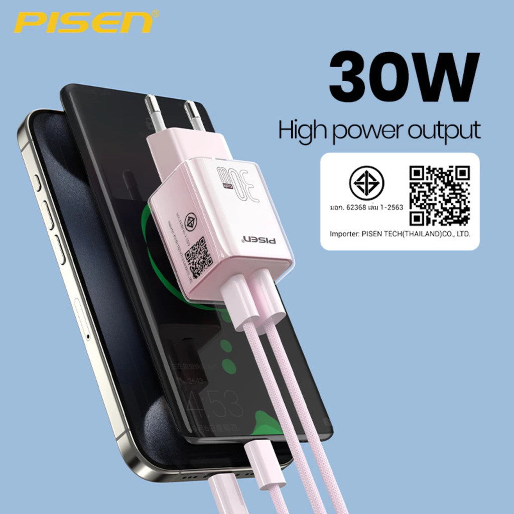 PISEN TP-C52 (PINK) Type C และ USB A Fast Charger GaN30W Fast Charger Dual Ports รับประกัน 1 ปี