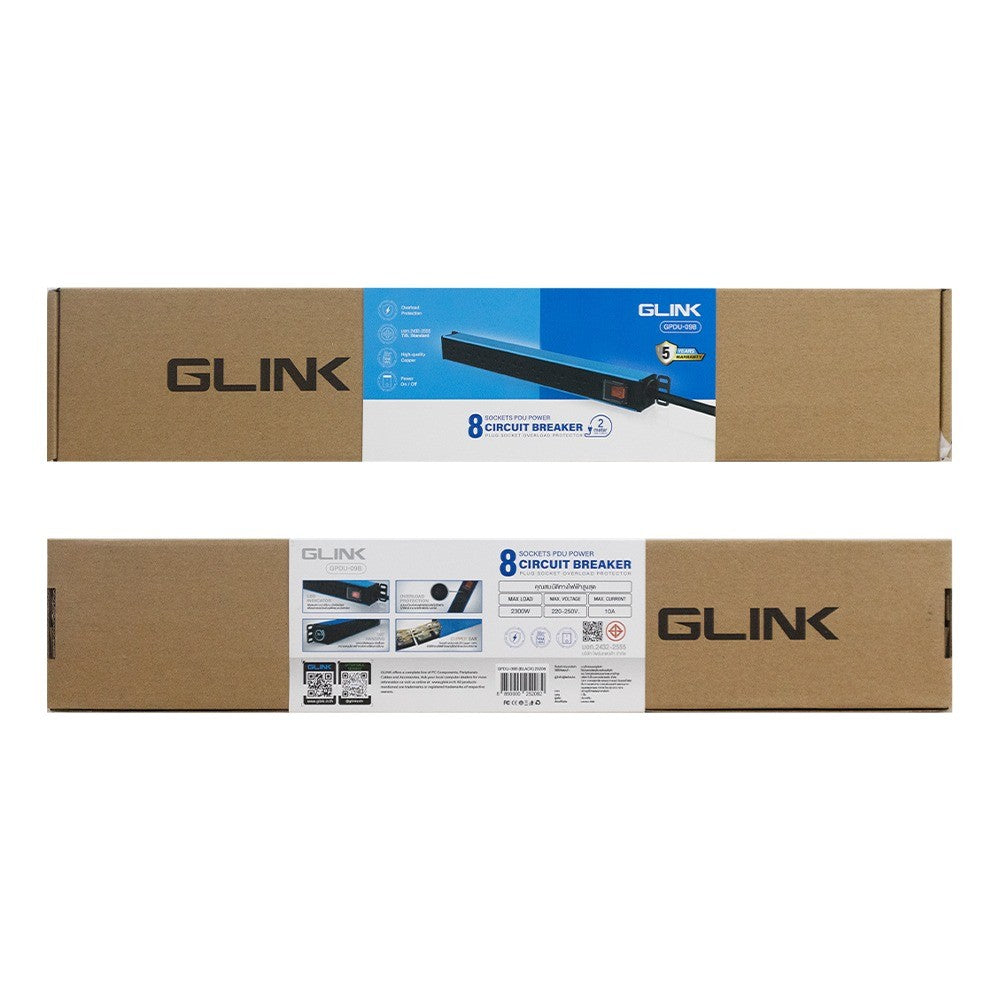 GLINK GPDU-09B BLUE 2M รางปลั๊กไฟตู้ Rack 8 ช่อง ยาว 2 เมตร 1 สวิตช์ สีฟ้า Overload มอก.แท้ ประกัน 5 ปี
