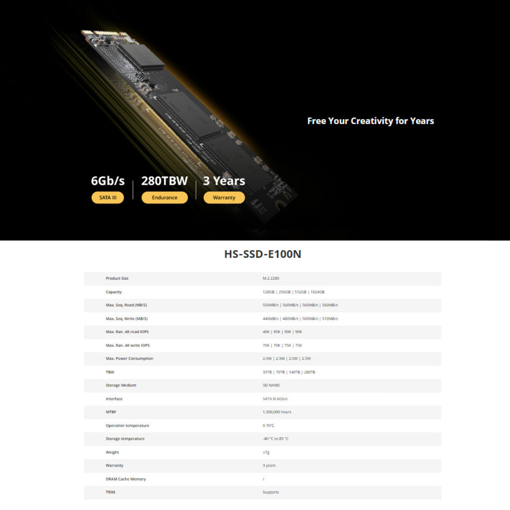 HIKSEMI SSD M.2 E100N 1024GB Speed Up to 560MB/s warranty 3 years