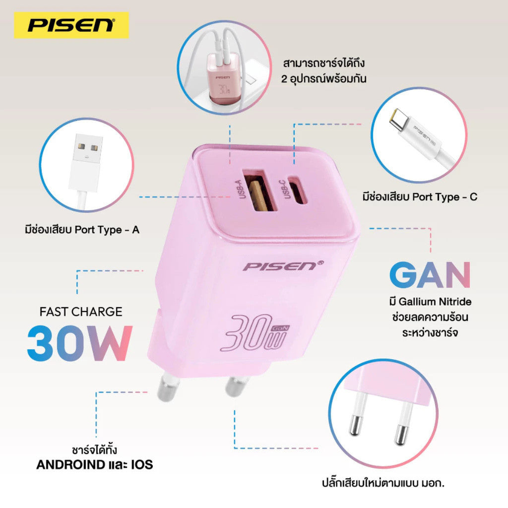 PISEN TP-C52 (PINK) Type C และ USB A Fast Charger GaN30W Fast Charger Dual Ports รับประกัน 1 ปี