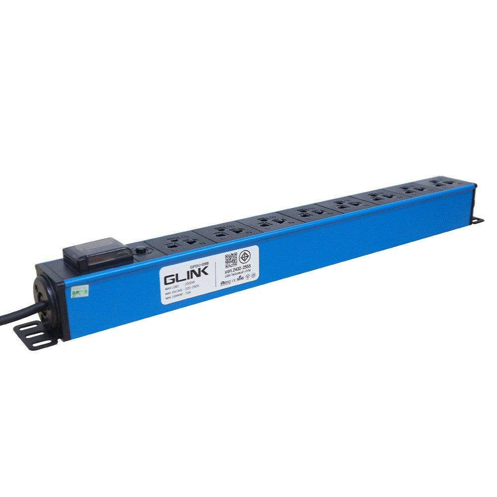 GLINK GPDU-09B BLUE 2M รางปลั๊กไฟตู้ Rack 8 ช่อง ยาว 2 เมตร 1 สวิตช์ สีฟ้า Overload มอก.แท้ ประกัน 5 ปี
