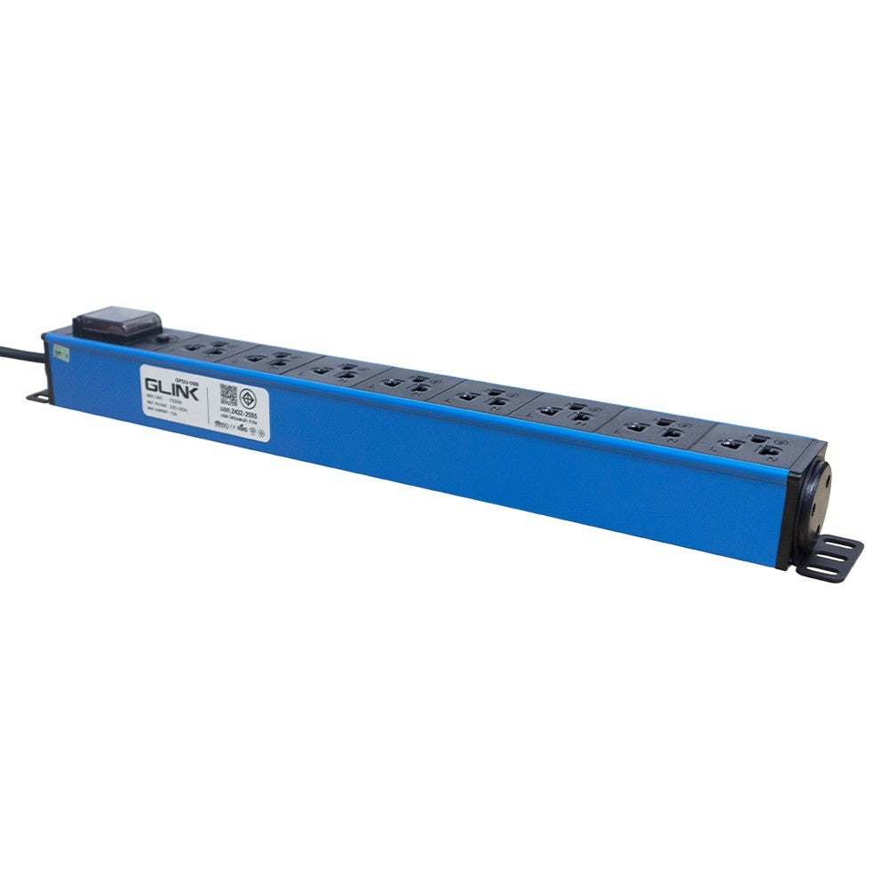 GLINK GPDU-09B BLUE 2M รางปลั๊กไฟตู้ Rack 8 ช่อง ยาว 2 เมตร 1 สวิตช์ สีฟ้า Overload มอก.แท้ ประกัน 5 ปี