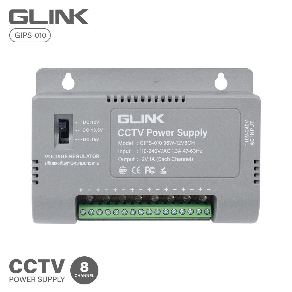 GLINK GIPS-010 CCTV POWER SUPPLY 96W 12V 8CH ป้องกันไฟกระชาก กระแสไฟเกิน ลัดวงจร