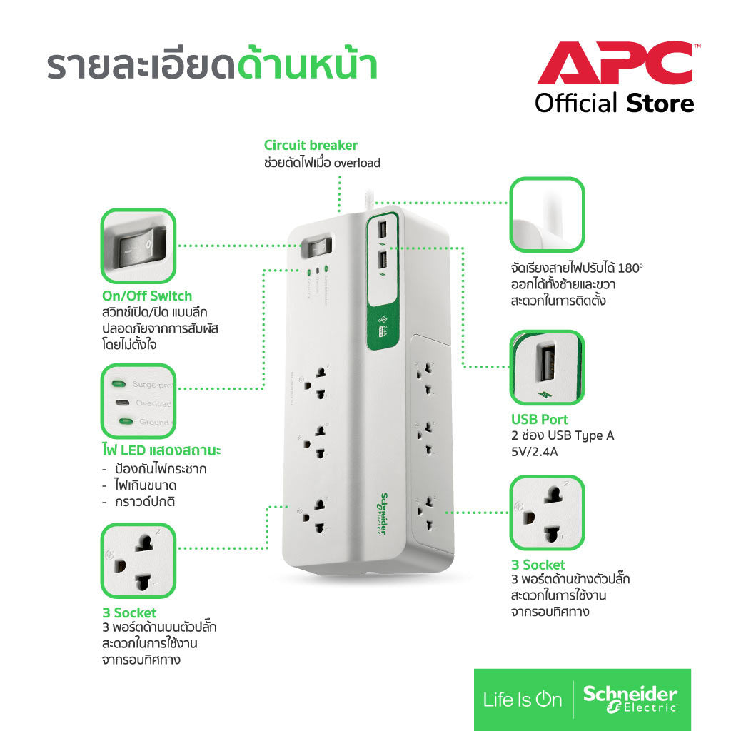 APC PMS63-TH PLUG (ปลั๊กป้องกันไฟกระชากระดับสูง) 6 ช่อง สายยาว 3 เมตร ประกัน 10 ปี