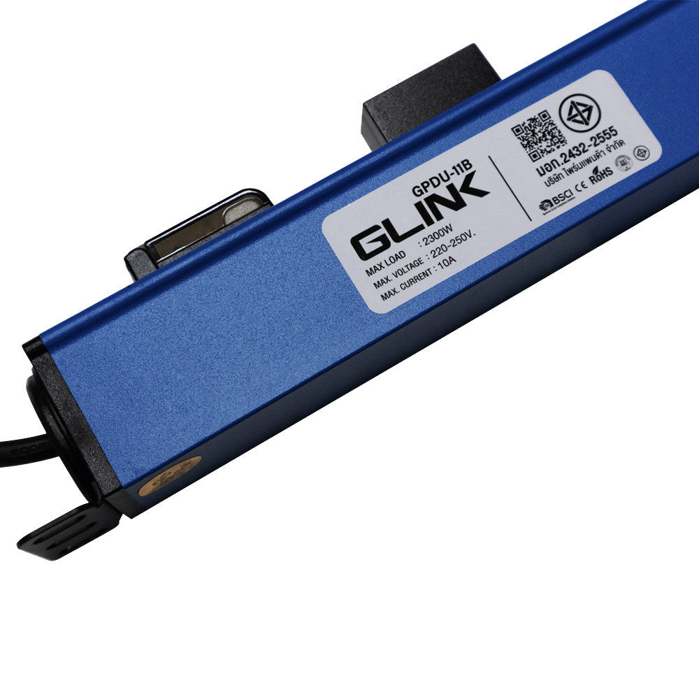 GLINK GPDU-11B BLUE 2M รางปลั๊กไฟตู้ Rack 10 ช่อง ยาว 2 เมตร 1 สวิตช์ สีฟ้า Overload มอก.แท้