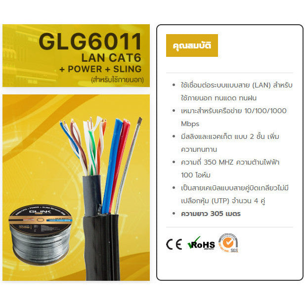 GLINK GLG6011 OUTDOOR CABLE + POWER + SLING สายแลนภายนอก CAT6 GOLD SERIES ความยาว 305เมตร (ไม่เข้าหัวไปให้)