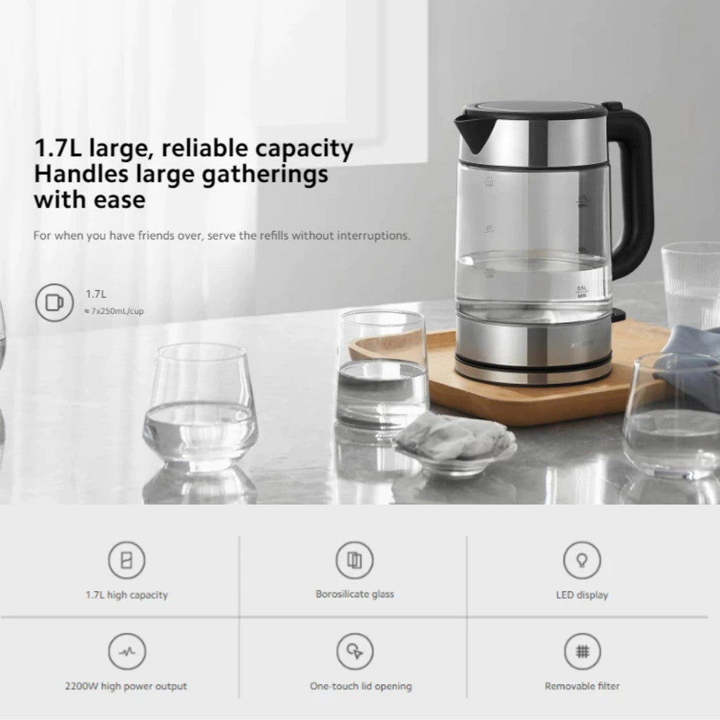 Xiaomi Electric Glass Kettle กาต้มน้ำไฟฟ้า ความจุ 1.7ลิตร ต้มน้ำไวภายใน 5 นาที จอแสดงผลไฟ LED