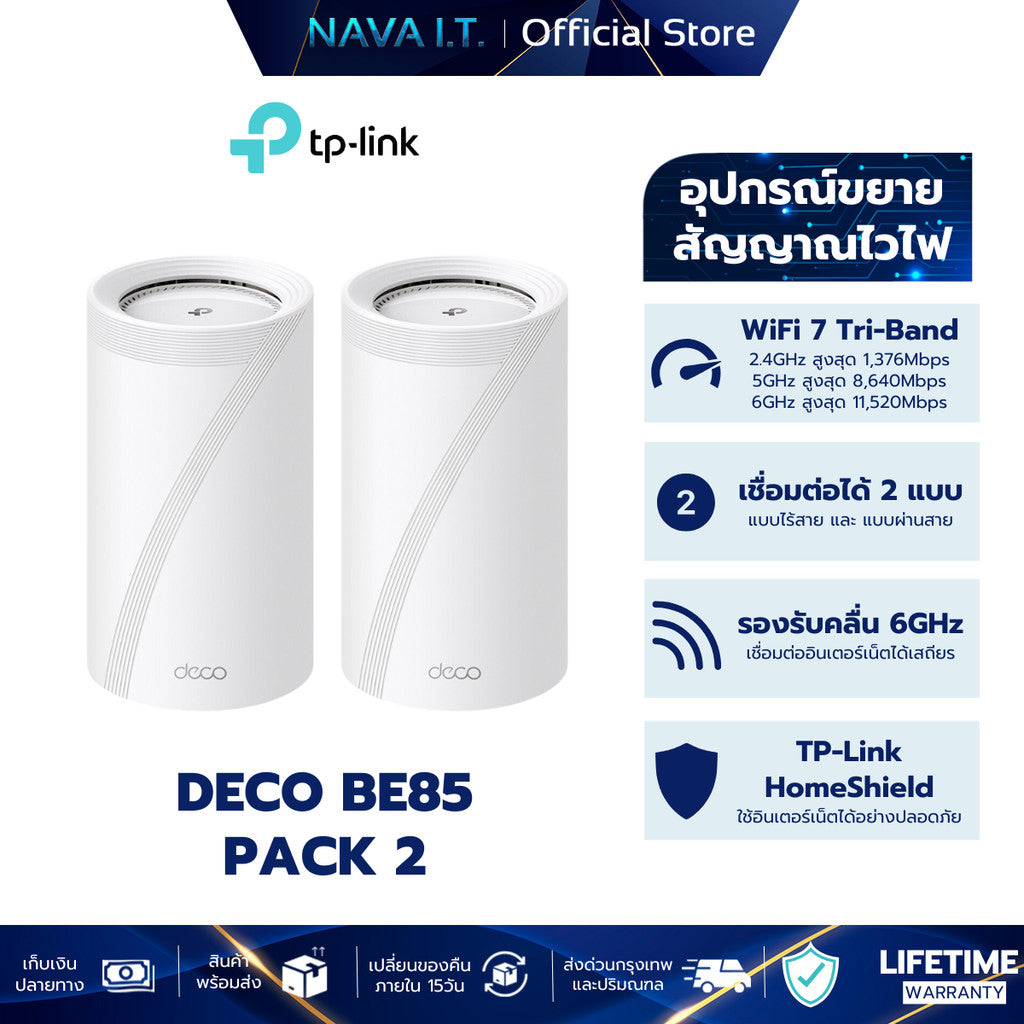 TP-LINK DECO BE85 BE22000 PACK 2 TRI-BAND WHOLE HOME MESH WIFI 7 SYSTEM